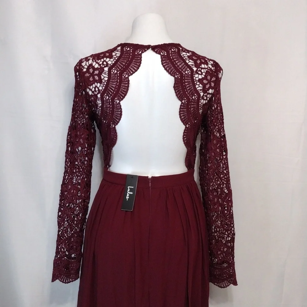 NWT Lulus Burgundy Lace Open Back Maxi Gown Romantic Formal Evening Glam Medium - Picture 5 of 14